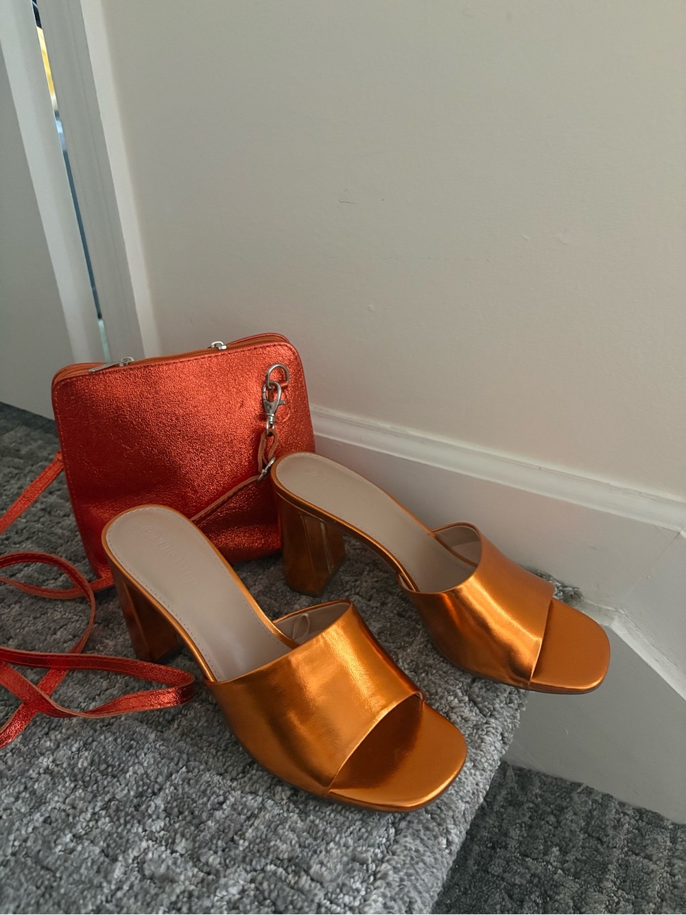Metallic Orange Block Heel Slide Sandals -plus bag made in Italy🧡🧡